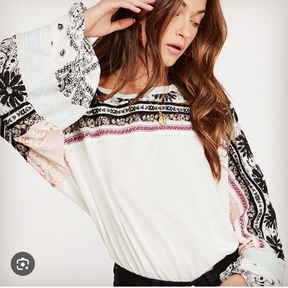 Free People Women's Floral Print Top - Black and White - Picture 6 of 7